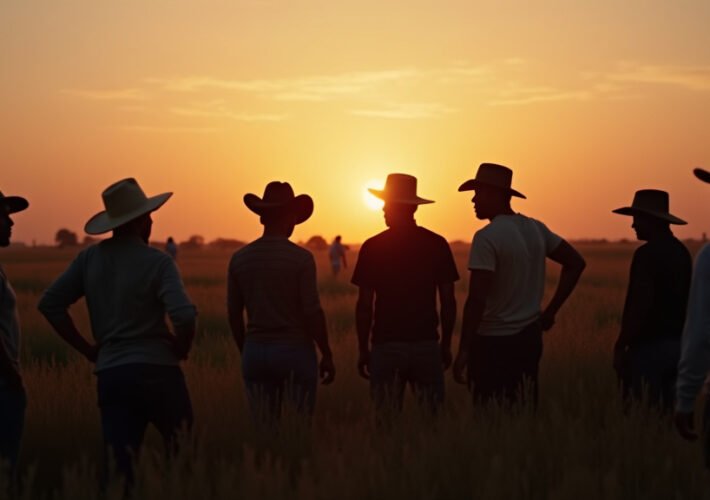 A diverse group of farmworkers in a field at dusk contemplating the complex legacy of Cesar Chavez amidst emerging allegations