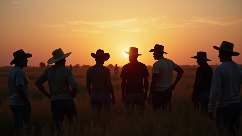 Chavez Abuse Allegations Legacy Shattered Movement Reels | West Coast Observer A diverse group of farmworkers in a field at dusk contemplating the complex legacy of Cesar Chavez amidst emerging allegations