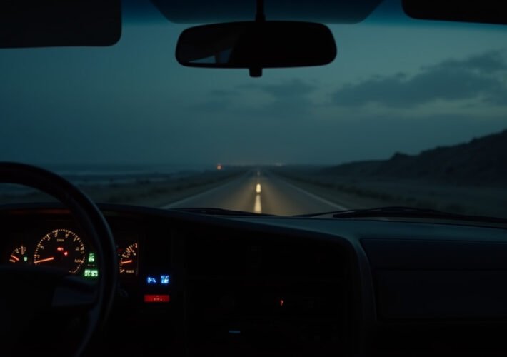 Cinematic wide angle shot of a darkened California coastline at dusk symbolizing the FBIs warning about a potential offshore drone threat