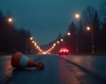 Cinematic wide angle shot of a dimly lit residential street intersection at dusk with police lights illuminating the scene where a man was struck by a vehicle while directing traffic