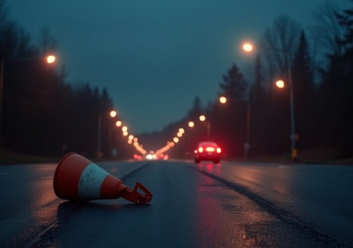 Cinematic wide angle shot of a dimly lit residential street intersection at dusk with police lights illuminating the scene where a man was struck by a vehicle while directing traffic