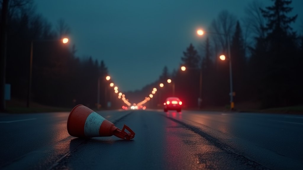 Good Samaritan Hit by Car While Directing Traffic After Crash | West Coast Observer Cinematic wide angle shot of a dimly lit residential street intersection at dusk with police lights illuminating the scene where a man was struck by a vehicle while directing traffic