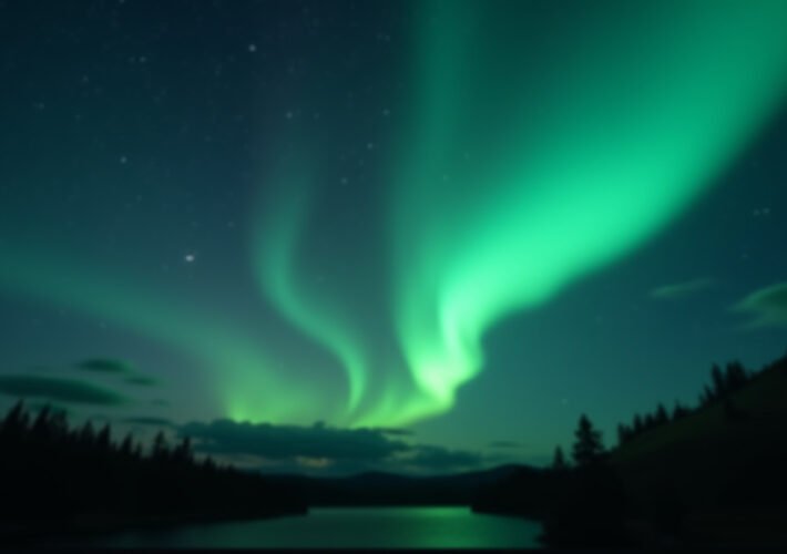 Cinematic wide angle shot of a vibrant green meteor streaking across the night sky above the Pacific Northwest representing the awe inspiring phenomenon of a fireball