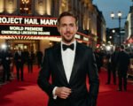 Ryan Gosling at the Project Hail Mary London premiere dressed in a burgundy suit
