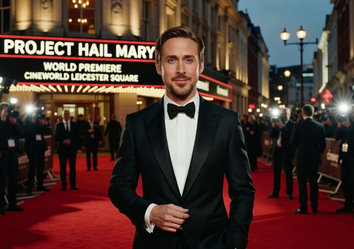 Ryan Gosling at the Project Hail Mary London premiere dressed in a burgundy suit