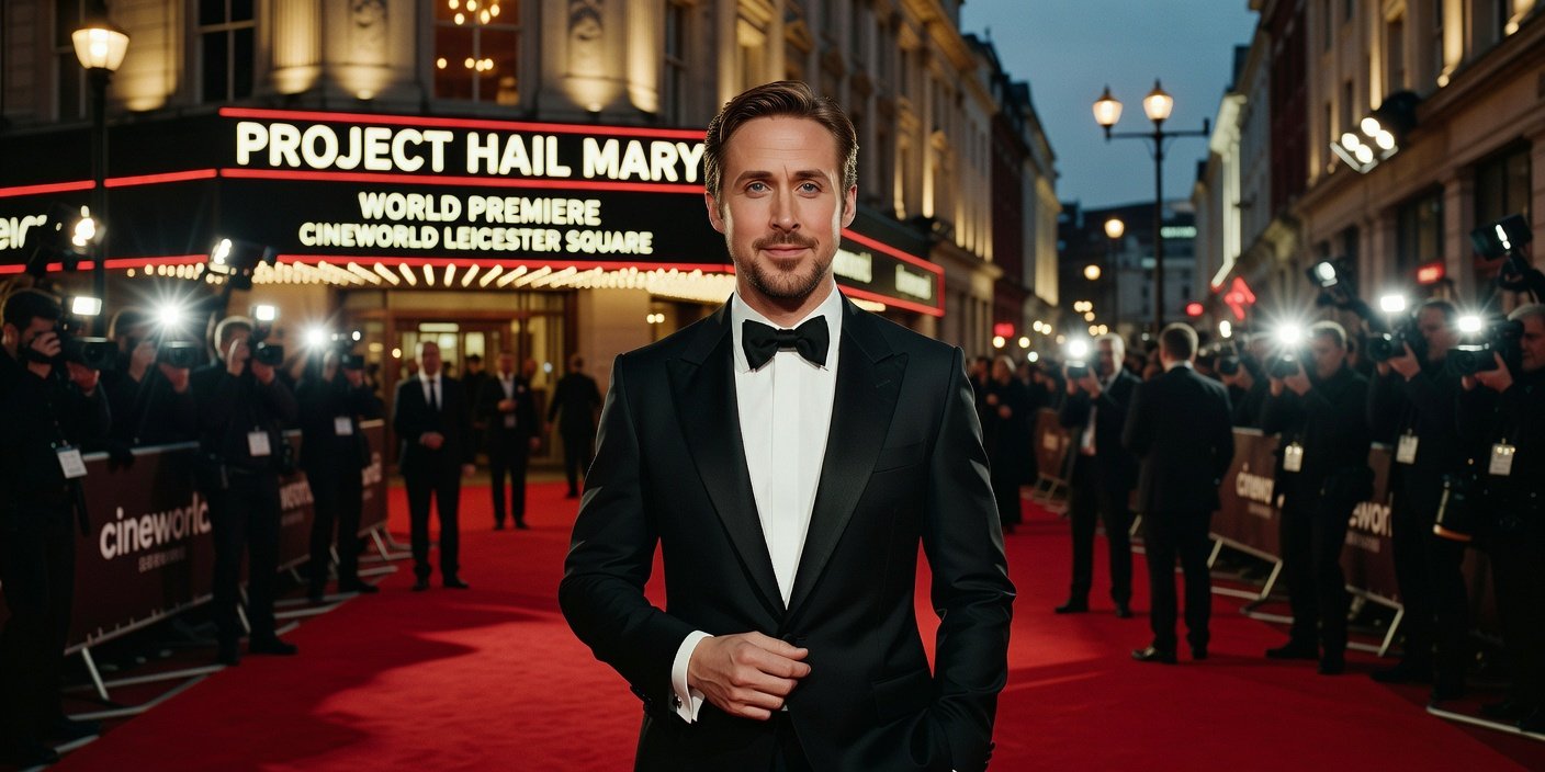 Ryan Gosling at the Project Hail Mary London premiere dressed in a burgundy suit