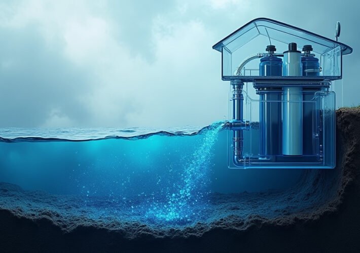 Cinematic wide angle shot of a sophisticated water filtration system symbolizing Spokanes plan to combat PFAS contamination and ensure safe drinking water for West Plains residents