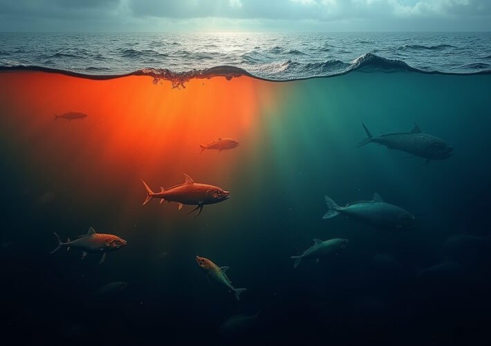 Cinematic wide angle shot of turbulent ocean waters under a dramatic sky symbolizing the impact of a marine heatwave and the looming threat of El Niño